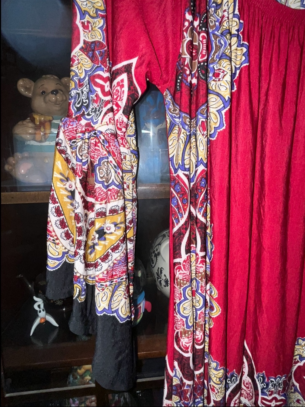 Women’s Medium Red Paisley Boho Tunic Dress 3/4 Sleeve Scoop Neck Stretchy Hem - Picture 3 of 6